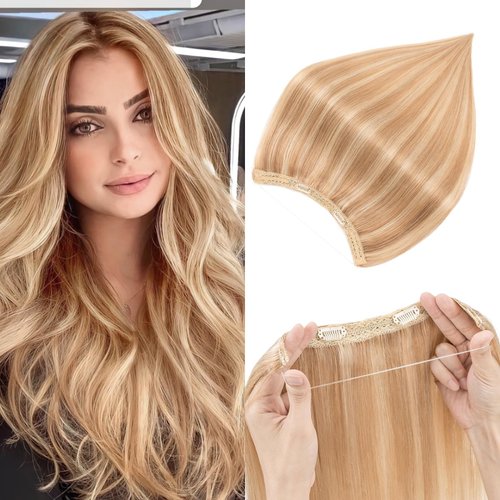 Halo Hair Extensions Real Human Hair,Prokyvity Halo Hair Extension 100% Human Hair,Halo Extensions Real Human Hair,Human Hair Halo Extensions,12P613 Golden Brown Mixed Bleach Blonde 16inch