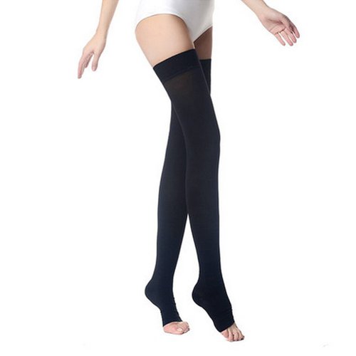 PPXGOGO Thigh High Compression Socks, Firm Support 20-30 mmHg Gradient Compression Stockings with Silicone Band. Treatment for Running, Edema, Varicose Veins, Pregnancy, Nursing.(Black-open,L)