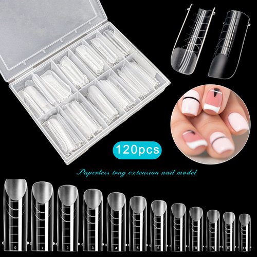 Vnjaoi 120 Pcs Poly Extension Gel Dual Nail Forms Nail Molds With Scale Builder Coffin Nail for Gel Manicure Nail Art Design Salon DIY at Home (Long Square Head Frosted Dual Nail Forms Set)