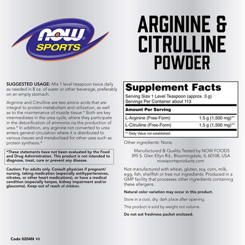 NOW Foods Sports Nutrition, Arginine & Citrulline Powder, 1:1 Ratio, Amino Acid, 12-Ounce