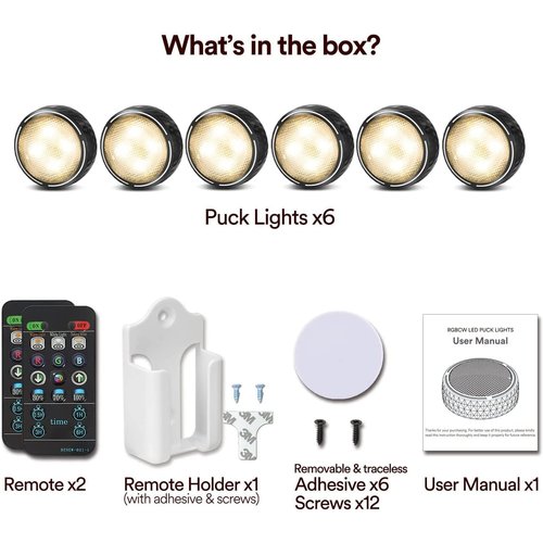 Onumii LED Puck Lights Battery Operated LED Under Cabinet Lighting Wireless Stick on Tap Lights with Remote Controll Color Changing Timer Function for Cabinets, Shelves, Closets - 6Pack Black