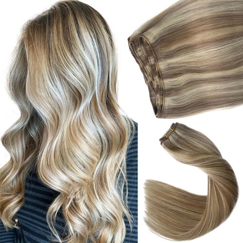 Sew in Weft Hair Extensions Real Human Hair,Ash Brown and Blonde Hair Extensions Real Human Hair Bundles 24 Inch 120G Sew in Hand Tied Weft Remy Human Hair Extensions for Short Hair