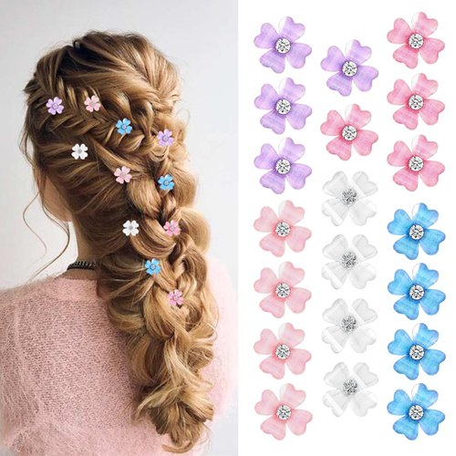20 Pcs Mini Clover Flower Hair Clips with Cute Rhinestone Hair Barrettes, Convenient Hairpins Easy for Braids Hairstyles, Braiding Hair Accessories for Wedding (20 Pcs- Mix Color)
