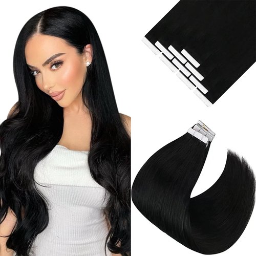 Ve Sunny Black Tape in Hair Extensions Human Hair #1 Jet Black Tape in Human Hair Extensions Adhesive Pu Tape in Hair Extensions Real Human Hair Black Hair Extensions Skin Weft 25g 10pcs 16inch