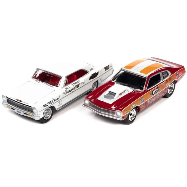 1970 Maverick Red Orange and White Dyno Don Nicholson and 1966 Chevy Nova White Bill Grumpy Jenkins Legends of The Quarter Mile Series Set 2 Cars 1/64 Diecast Model Johnny Lightning JLPK018-JLSP284A