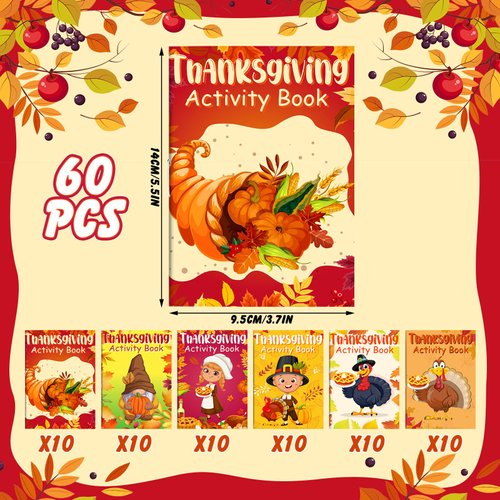 Maitys 60 Pcs Thanksgiving Activity Books Mini Challenging Activities Fun and Games Include Mazes, Word Search, Word Scramble, and More for Fall Party Favors Party Gifts Bag Stuffers