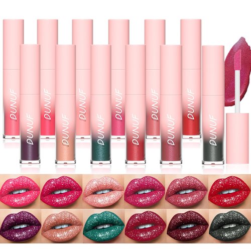 12 Colors Matte to Glitter Liquid Lipstick Set, Diamond Glitter Sparkly Lip Gloss Shimmer 24 Hour Long Lasting Waterproof Halloween Christmas Makeup Gift kit (B)