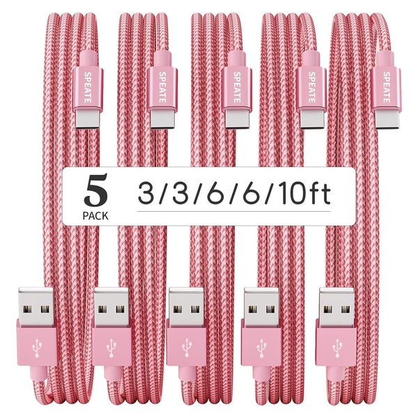 SPEATE USB C Cable, Nylon Braided USB to USB C Cable, Type C Charger Fast Charging Cable [5-Pack, 3/3/6/6/10FT], USB A to USB C Cable for Phone 16/15/iPad, Galaxy S/Note/A, Pixel and More