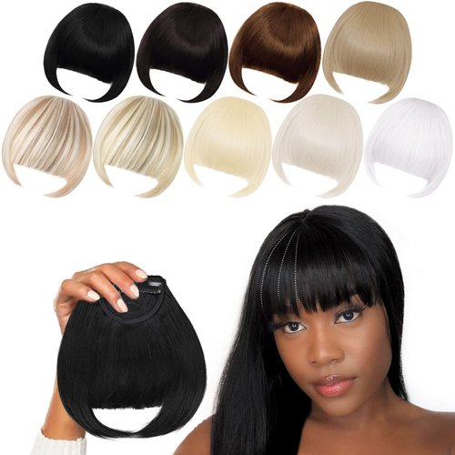 XRACEPHOL Black Bangs Hair Clip in Bangs Black Synthetic Flat Bang with Temples Front Face Black Bangs for Women (Natural Black)