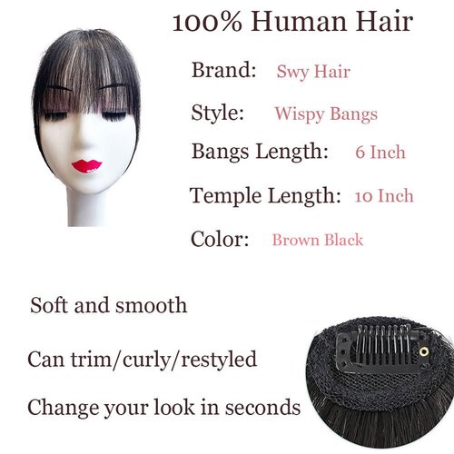 Bangs Hair Clip in Bangs 100% Real Human Hair Extensions Wispy Bangs French Bangs Clip on Air Bangs for Women (A-Brown Black, Wispy Bangs)