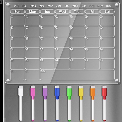 OORAII Magnetic Acrylic Calendar for Fridge Refrigerator Monthly Dry Erase Board w/ 8 Markers & Magnetic Pen Holder, Organic Glass Clear Planning Whiteboard Workout Board Meal Planner Magnetic 16x12''
