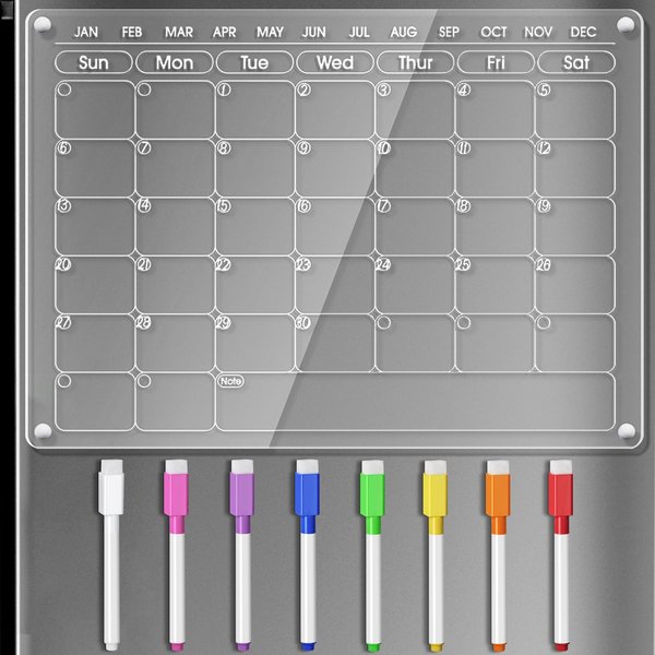OORAII Magnetic Acrylic Calendar for Fridge Refrigerator Monthly Dry Erase Board w/ 8 Markers & Magnetic Pen Holder, Organic Glass Clear Planning Whiteboard Workout Board Meal Planner Magnetic 16x12''