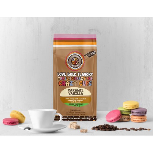 Crazy Cups Decaf Flavored Ground Coffee, Caramel Vanilla, in 10 oz Bag, For Brewing Flavored Hot or Iced Decaf Coffee