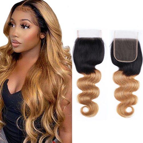 KAFEIER 1B27 Lace Closure Body Wave Lace Front Preplucked 4X4 Closure Brazilian Human Hair Extensions Bleached Knots Ombre Lace Front Closure For Women Wet And Wavy 18 Inch