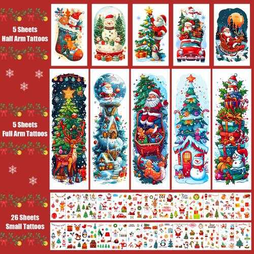 Partywind 36 Sheets Full & Half Arm Christmas Temporary Tattoos for Kids, Christmas Holiday Party Supplies, Surprise Kids Stocking Stuffers Santa Snowman Party Decorations, Xmas Party Favors