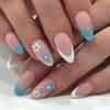 24Pcs Blue & White French Tip Press on Nails Medium Fake Nails Almond False Nails with Blue & White Flowers Designs Nude Translucent Acrylic Nails Swirl & Glossy Glue on Nails Spring Nails for Women