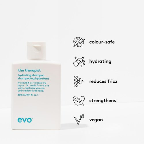 EVO The Therapist Hydrating Shampoo - Hydrates, Strengthen and Softens Whilst Improving Shine - Protects Colour Treated Hair, Helps to Detangle - 300ml / 10.1fl.oz