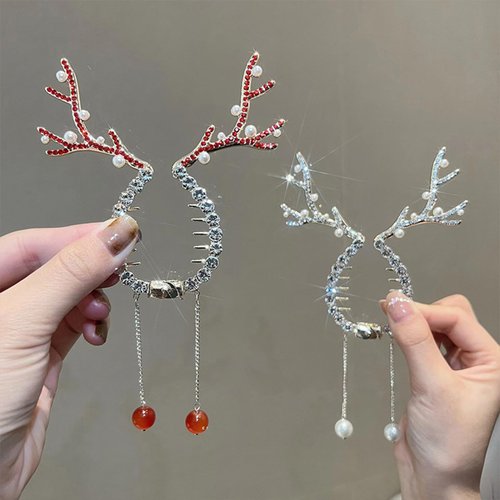 mdgfge Christmas Hair Clips Deer Horns Ears Hairclips Pearl Antler Tassel Hairpin Barrettes Xmas Headpiece for Women Girls Christmas Winter Family Party Favors New Year Gift (2Pcs)