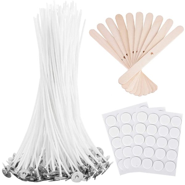 Bulk Candle Wicks 100 Pcs with 60Pcs Candle Wick Stickers and 10 Pcs Wooden Candle Wick Centering Device for Soy Beeswax Candle Making (6inch)