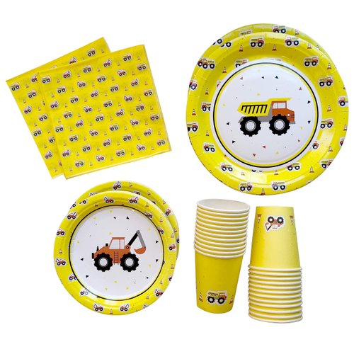 DK&Co. At Home Construction Birthday Party Supplies Plate Set- Serves 24 Construction plate and utensils for toddlers; Excavator Birthday Party Supplies Construction Theme Birthday Party Supplies
