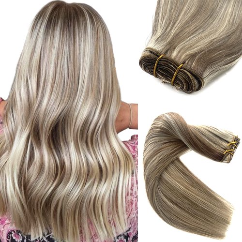Sew in Hair Extensions Real Human Hair, 16 Inch 100G Weft Hair Extensions Human Hair, Ash Brown and Blonde Balayage Ash Blonde Highlights Hand Tied Weft Hair Extensions Human Hair Weave Bundles