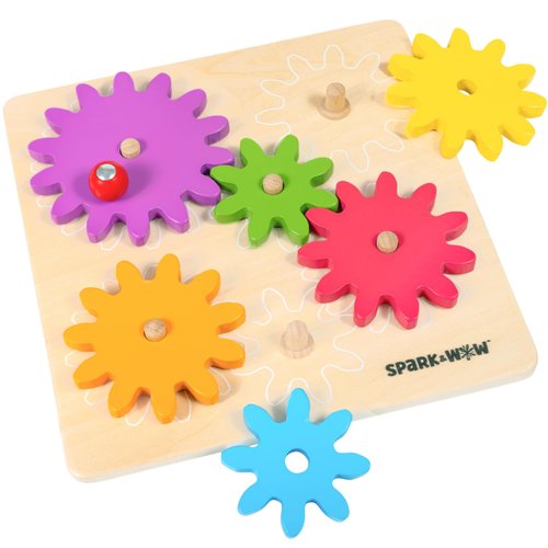 SPARK & WOW Spinny Gears - Wooden Gear Board with 6 Pieces in 3 Sizes - Gear Puzzle for Kids - Create Colorful, Spinning Combinations