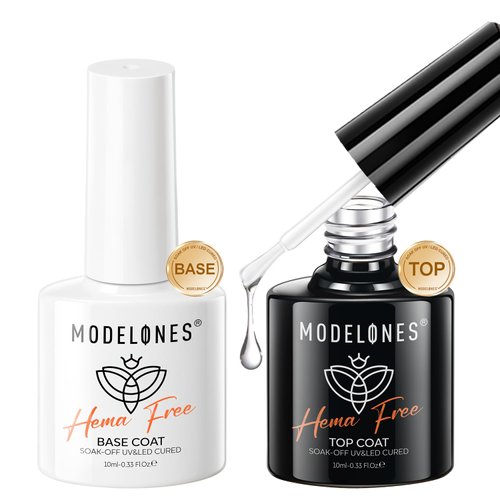 modelones Hema-Free Gel Base and Top Coat Set, 2 Pcs Clear Glossy Gel Top Base Coat No Wipe Long Lasting for Gel Polish, Acrylic Nails Soak Off Nail Lamp Nail Art Home Salon Manicure