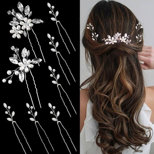 Yandino 8 Pieces Wedding Hair Pins for Bridal Silver Rhinestone Hair Pins Wedding Hair Accessories for Brides Bridesmaids Women Girls