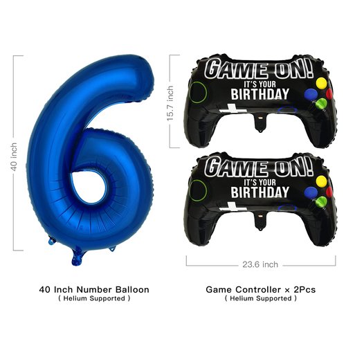 Navy Blue Video Game Party Supplies Boys 6th Birthday Party Decorations- 2 Packs Game On Balloons with Dark Blue Number 6 Balloon