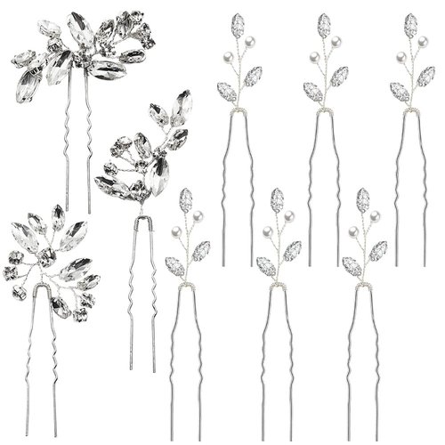 9 pcs Crystal Pearl Hair Pins for Women, SourceTon Hair Accessories for Women Wedding, Flower Girl Headpiece, for Bride, Bridesmaid, Flower Girl, Daily Long Hair Decoration(Silver)