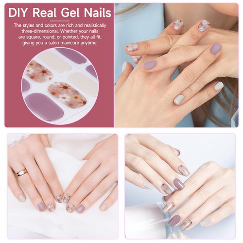 DUKASOU 28pcs Semi Cured Gel Nail Strips, Gel Nail Stickers Kit Work with Any UV Nail Lamps, Long Lasting Gel Nail Wraps for Girl Women, includes Prep Pads, Nail File & Wood Stick(Purple Flower)