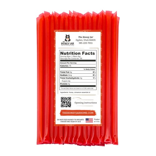 The Honey Jar Cinnamon Flavored Raw Honey Sticks - Pure Honey Straws For Tea, Coffee, or a Healthy Treat - One Teaspoon of Flavored Honey Per Stick - Made In The USA with Real Honey - (50 Count)