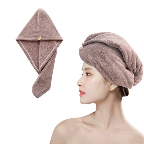 wetore 1 Pack Microfiber Hair Towel,Quick Dry Head Wraps Hair Towel Turban Wrap for Women Kids,25.6x9.8 Inch Super Absorbent Fast Hair Drying Towel with Button for Wet Curly Hair(Coffee)