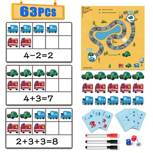 Magnetic Math Manipulatives, EVA Number Counting Cars, 63 PCS Ten Frame Math Toys for Kids, Kindergarten Educational Toys, Math Counters Learning Toys Counting Toys for Homeschool Special Education