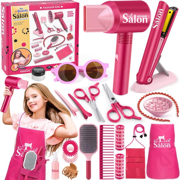 G.C Girls Hair Salon Toys Kids Pretend Play Hair Styling Kit with Realistic Blow Dryer Straightener Stylist Apron Scissors Accessories Beauty Makeup Set Birthday Gifts for Toddler Girls 3 4 5 6+