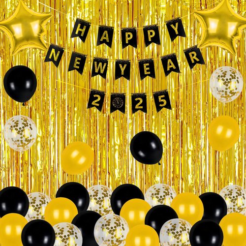 New Years Eve Party Supplies 2025, 2025 New Year Balloons Decorations with Gold Curtains Happy New Year Banner for New Years Decorations 2025
