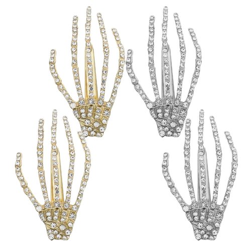 Beaupretty 4 Pieces Rhinestone Skeleton Hand Hair Clips Halloween Skeleton Hands Bone Hairpins Horror Hair Barrettes Goth Hair Accessories for Halloween Cosplay(Gold,Silver)