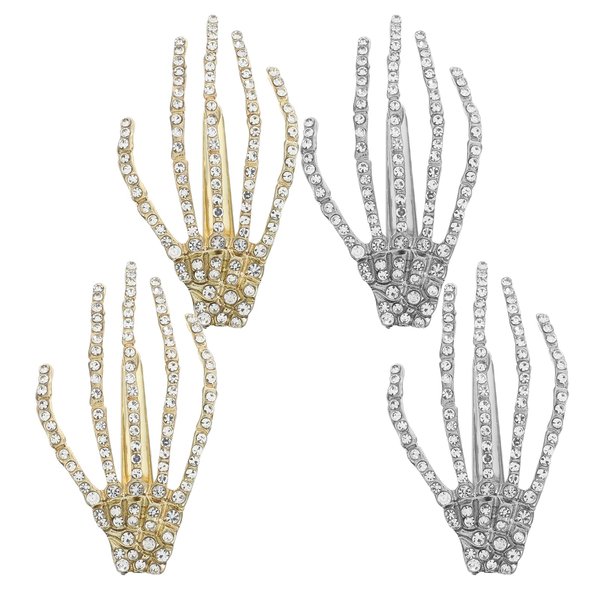 Beaupretty 4 Pieces Rhinestone Skeleton Hand Hair Clips Halloween Skeleton Hands Bone Hairpins Horror Hair Barrettes Goth Hair Accessories for Halloween Cosplay(Gold,Silver)