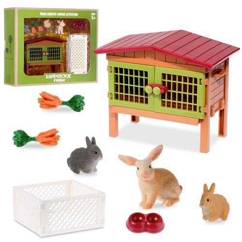 11 Pieces Farm World Set Easter Bunny Hutch Bunny Toy Animal Figures Barnyard Carrot Bunny Hutch Farmhouse Country Toys for Kids Ages 3 to 8 or up Playset Learning Educational Toys Birthday Gift