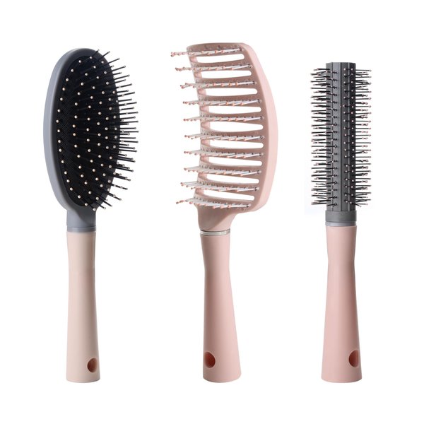 3 Piece Hair Brush Set, Wide-Tooth Comb, Paddle Detangling Hairbrush Massage Roller Pink Styling Hair Comb for Women Men Wet Dry Curly Straight Hair, Curved Vented Paddle Brush