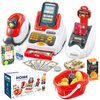 Pretend Play Cash Register Toy Role Play Shopping Cashier Playset with Scanner Card Machine Toy Foods Fruits 33pcs Set Funtional Checkout Game Educational Toy for Kids Birthday
