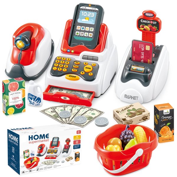 Pretend Play Cash Register Toy Role Play Shopping Cashier Playset with Scanner Card Machine Toy Foods Fruits 33pcs Set Funtional Checkout Game Educational Toy for Kids Birthday