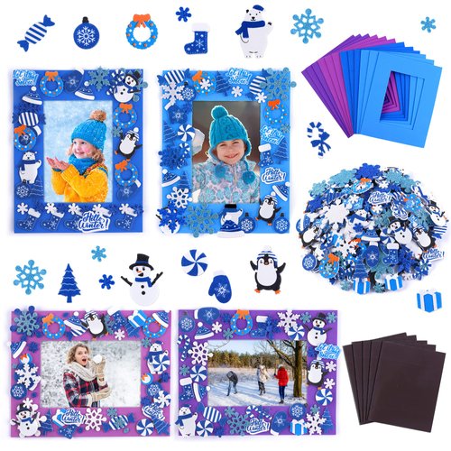 Fovths 12 Pieces Christmas Frozen Party Foam Picture Frames DIY Craft, 300 Pieces Snowflake Snowman Penguin Foam Stickers, 24 Pieces Craft Stickers for Winter Snow Party
