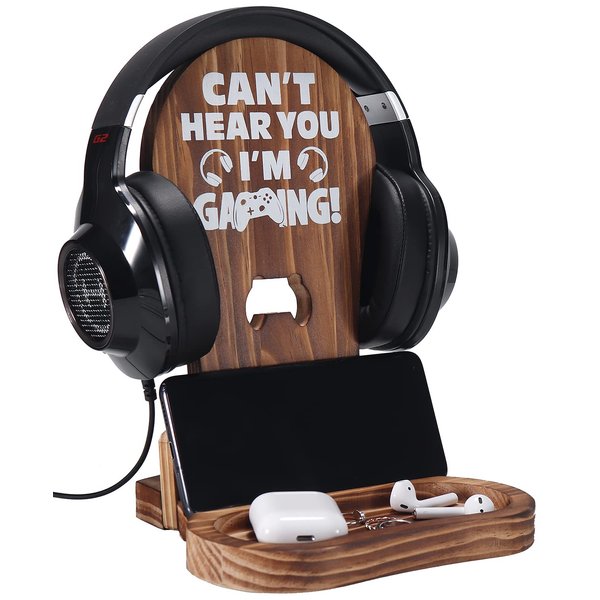 Slothoem Gamer Gifts for Teenage Boy, Gamer Room Decor for Man, Best Gifts for Son, Boyfriend, Husband, Gaming Accessories, Wooden Gaming Headset Stand for Gaming Desktop- Can't Hear You I'm Gaming