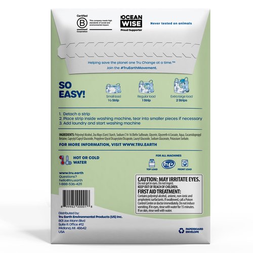 Tru Earth Compact Dry Laundry Detergent Sheets (Made in Canada), Unscented - Up to 64 Loads (32 Sheets) - Paraben-Free - Original Eco-Strip Liquidless Laundry Detergent, Travel Laundry Sheets