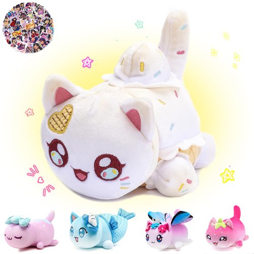 KOWSI 61 PCS 11 inches Ice Cream Cat Plush + 60 Sticker Cute Kawaii Cat Plush Collection 100% Polyester Plushie Pillow Embroidered Soft Stuffed Animal Collectible (Ice Cream Cat)