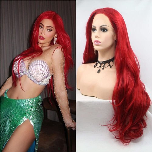 Xiweiya wigs Mermaid's Long Red Hair Side Part Synthetic Lace Front Wigs With Heat Resistant Fiber Red Color Soft Nature Wave Wig for Women, Drag Queen Cosplay Hair Replacement Wig 24 Inch
