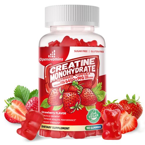 Creatine Monohydrate Gummies Complex 6400mg for Men & Women -Advanced Formula W/L-Taurine + Vitamin B12, Sugar Free Chewable Supplement,90 Strawberry Gummies