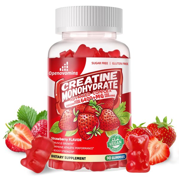 Creatine Monohydrate Gummies Complex 6400mg for Men & Women -Advanced Formula W/L-Taurine + Vitamin B12, Sugar Free Chewable Supplement,90 Strawberry Gummies