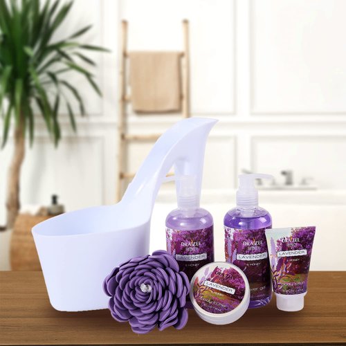 Draizee Heel Spa Basket For Women - 10 Pcs Cherry, Lavender Scent Scented Spa Bath Essentials w/ Spa Baskets for Women Shower Gel, Bubble Bath, Body Butter & Lotion, Soft Bath Puff